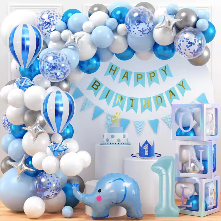 104Pcs Decoration Anniversaire 1 an Garçon Éléphant Bleu Décoration Anniversaire Ballon Bleus Ballon Aluminium Boite a Ballon Lettre Éléphant Bleu Arche Ballon Anniversaire Guirlande 1 an Garçon - 1