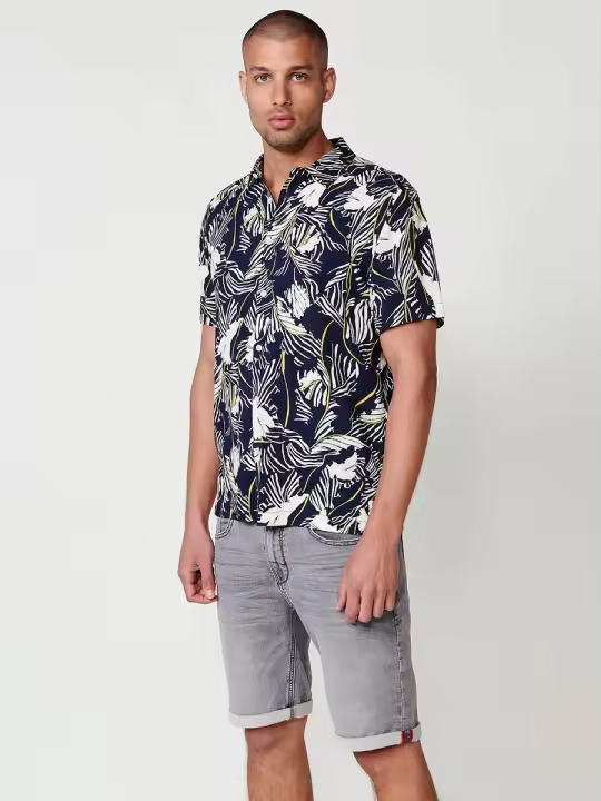 Koroshi Camisa de Manga Corta con Estampado Tropical en Color Navy para Hombre – 100% Viscosa - 1