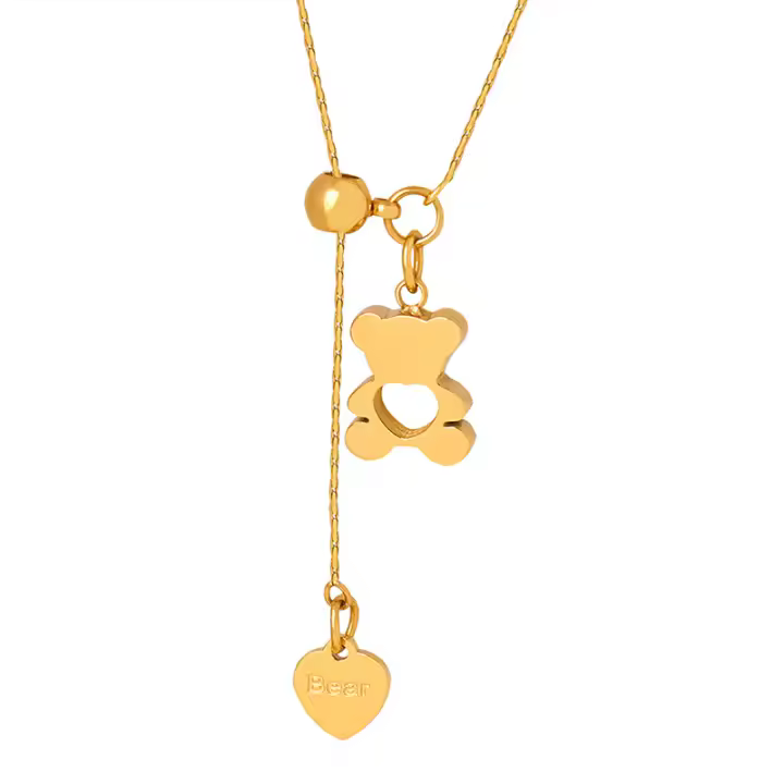 Collar con colgante de corazón de oso, diseño geométrico hueco de oso de amor, hebilla extraíble, collar de clavícula de acero de titanio ajustable, cadena de acero oxidado chapada en oro, accesorios de joyería para el cuello, regalo de fiesta para mujer - 1