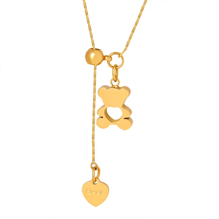 Collar con colgante de corazón de oso, diseño geométrico hueco de oso de amor, hebilla extraíble, collar de clavícula de acero de titanio ajustable, cadena de acero oxidado chapada en oro, accesorios de joyería para el cuello, regalo de fiesta para mujer - 1