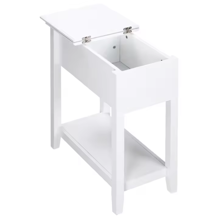 HOMCOM Mesa Auxiliar Mesita de Noche con Tapa Abatible Estante de Almacenamiento y Orificio de Cable Oculto para Salón Cama Dormitorio 60,5x32,5x70 cm Blanco - 1