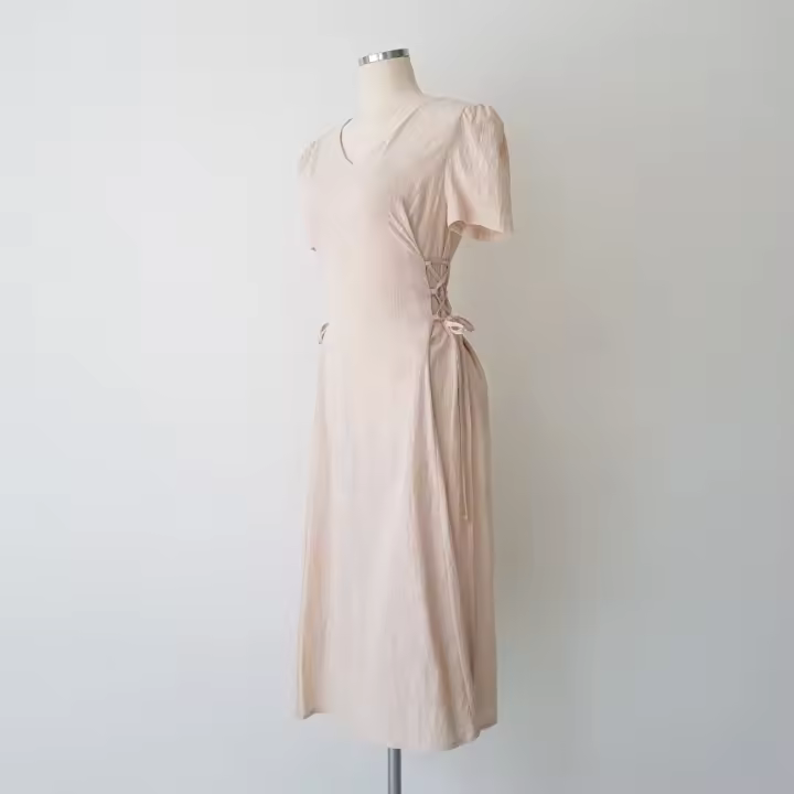 Vestido Largo De Algodón Y Lino Para Mujer Estilo Retro Vintage Con Manga Corta Diseño Sólido A-Line Cuello V Moda De Oficina - 1