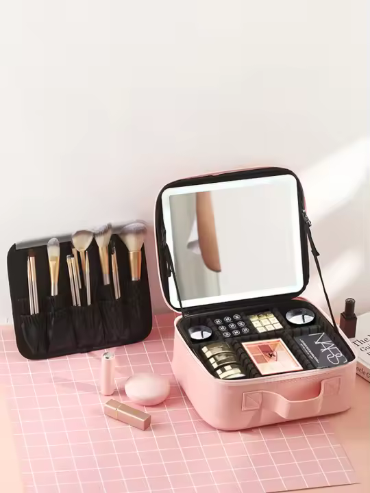 Bolso De Maquillaje Con Espejo Estuche De Viaje Organizador De Cosméticos Con Luz LED Ajustables Divisores Y Portador De Cepillos 3 Colores - 1