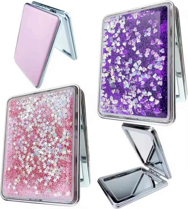 2 mini espejos compactos plegables para maquillaje, color rosa y morado, de viaje, portátiles, de doble cara, para hombres, mujeres y niñas, cuadrados (rosa y morado). - 1