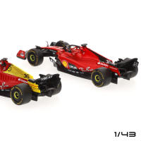 Burago - Set de 4 coches Ferrari F1-75 y SF-23 escala 1:43, réplicas de los vehículos de Charles Leclerc y Carlos Sainz, temporadas 2022 y 2023, diseño detallado y realista, acabados de alta calidad, licencia oficial y presentación en caja expositora - details 2