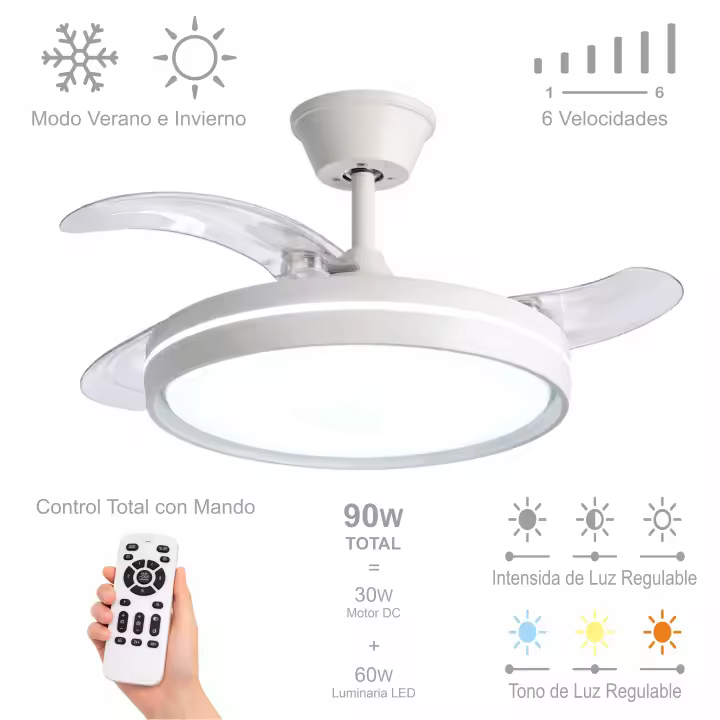 Ventilador de Techo Led  72W,  Regulable en Intensidad y en Tono de Luz  de Fria a Cálida, 4 Aspas Retráctiles, Mando a Distancia y APP para Móvil , Motor DC Ultra Silencioso, 6 Velocidades, Eficiencia Energética A - 1