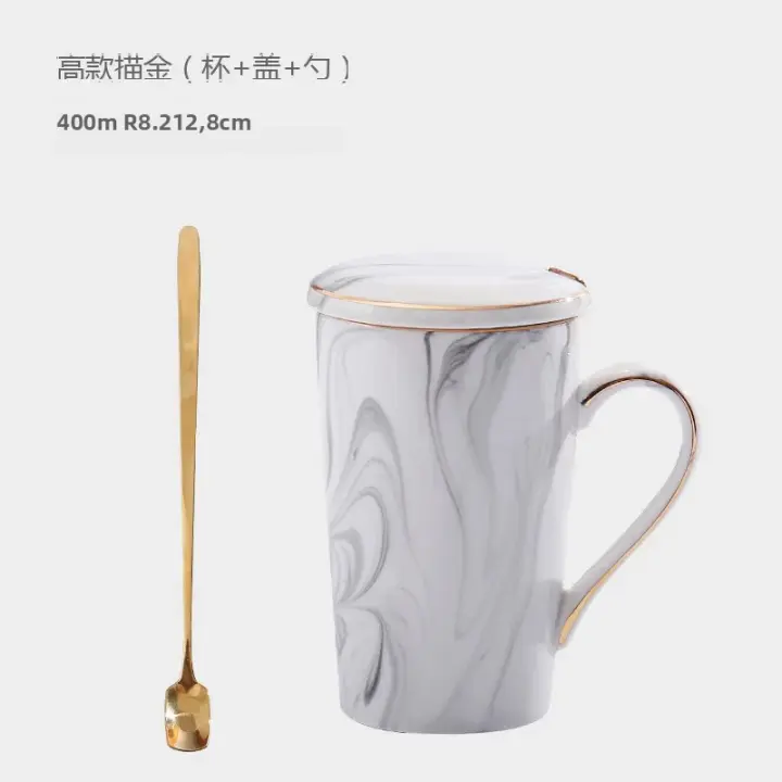 Taza De Caffé Con Tapa Y Cuchara De Cerámica Marmol 12OZ Taza Para Té O Café Self Stirring Opción De Color DropShip - 1