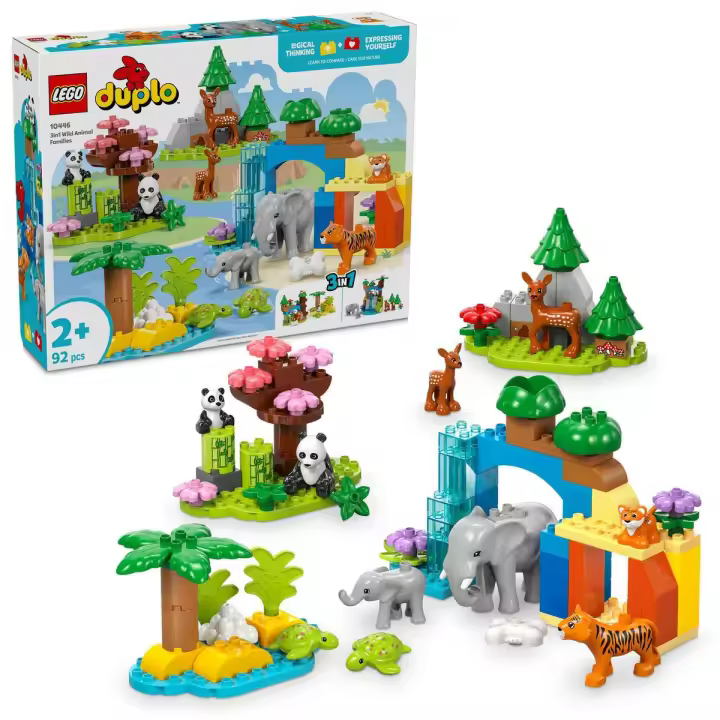 LEGO 10446 DUPLO Mi Ciudad Familias de la Fauna Salvaje “3 en 1”, Juego Educativo para Niños y Niñas de 2 Años, Animales Salvajes de Juguete, Figuras de Elefantes, Tortugas, Tigres, Ciervos y Pandas - 1