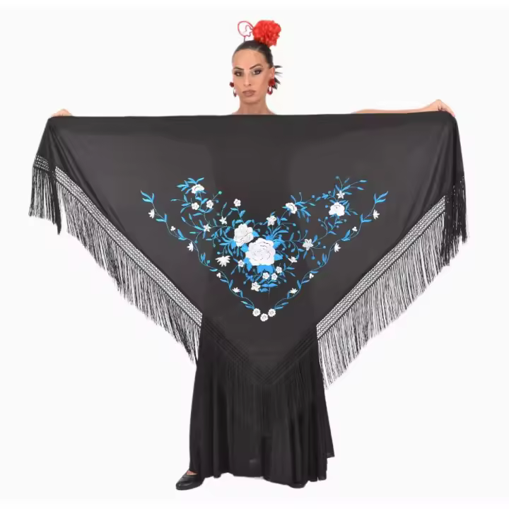 Mantón grande negro bordado en azul y blanco Anuka - 1
