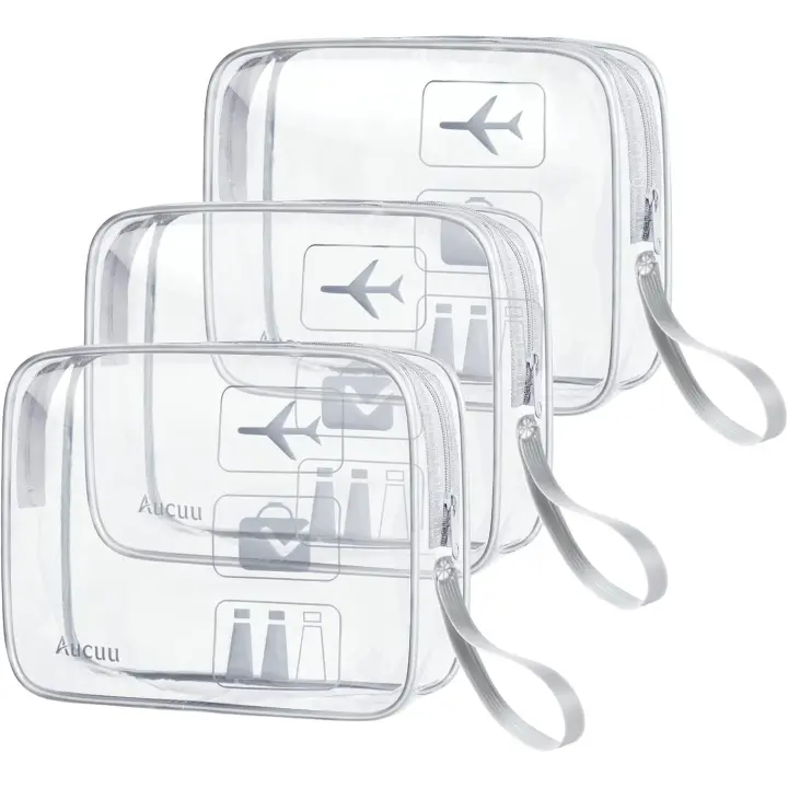 3 PCS Neceser de Aseo, Bolsas Portátil de Maquillaje de PVC, Bolsas Transparentes para avión, Bolsa de Cosmético Organizador Mujer Impermeables para Viajes, Almacenamiento, Baño - 1