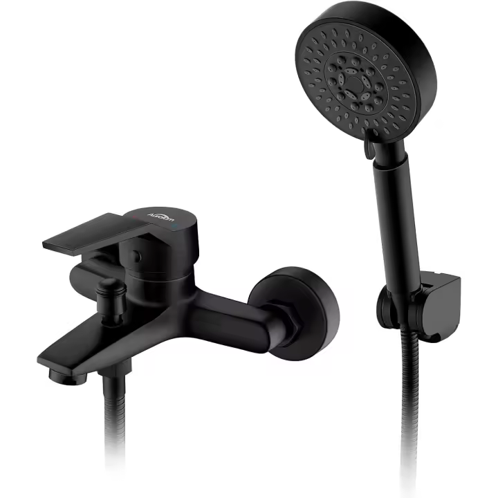 Grifo de bañera negro con ducha de mano de 5 chorros, mezclador de ducha de pared con manguera de 1,5 m y soporte, grifo de baño monomando de latón montado en la pared para baño - 1