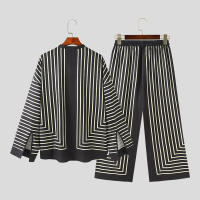Conjunto De Ropa Casual Para Hombre 2024 Con Estampado Rayado Camisa De Manga Larga Y Pantalones V-Neck Estilo Callejero Talla S-5XL INCERUN - details 7