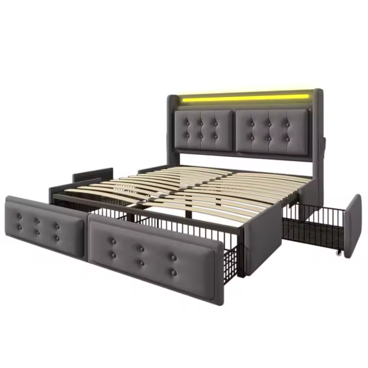 Cama tapizada 160x200, Cama Doble with cabecera LED y Carga USB C, 4 cajón, Cama de almacenamiento with base de listones de madera y Marco metálico, capacidad de carga 300 kg, Gris, algodón (sin colchón) - 1