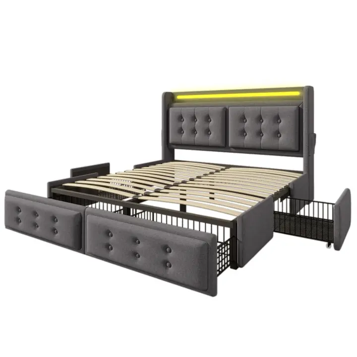 Cama tapizada 160x200, Cama Doble with cabecera LED y Carga USB C, 4 cajón, Cama de almacenamiento with base de listones de madera y Marco metálico, capacidad de carga 300 kg, Gris, algodón (sin colchón) - 1