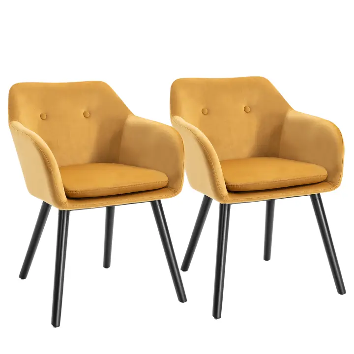 HOMCOM Sillas de comedor HOMCOM Sillas de cocina Sillas de salón escandinavas - Juego de 2 - Patas cónicas de madera negra - Terciopelo amarillo mostaza - 1