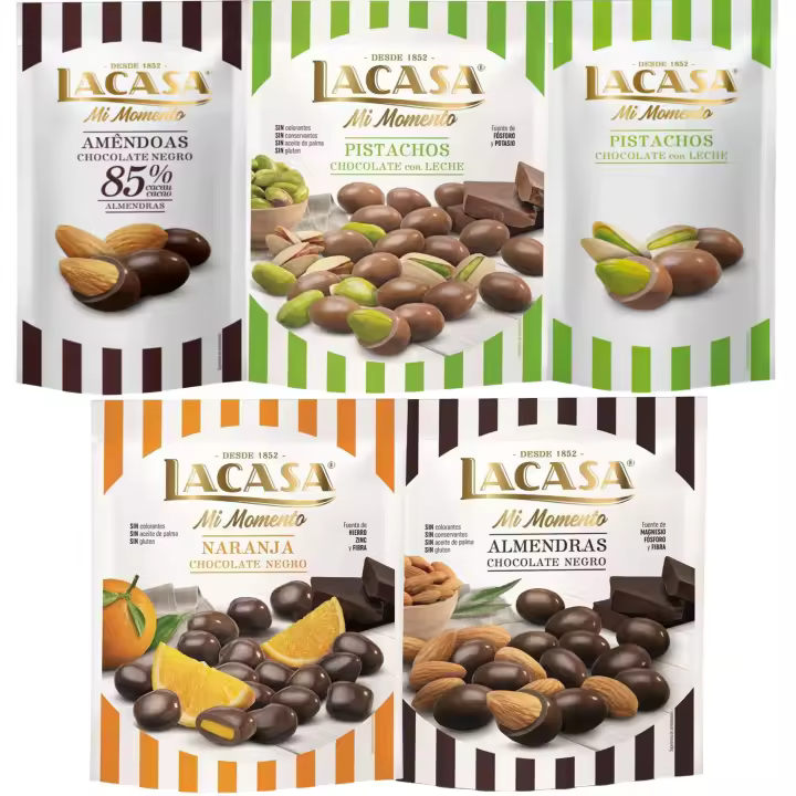Lacasa Mi Momento pack de 5:Pistacho Chocolate Leche,Almendra 85% ,Almendra Chocolate Negro ,Naranja Chocolate Negro ,Pistacho Chocolate Leche - 1