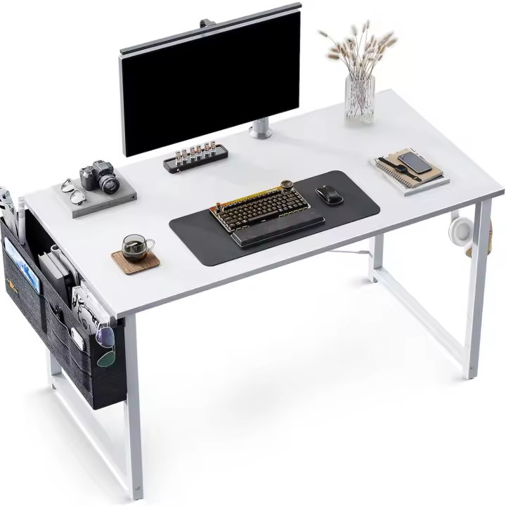 Escritorio de Ordenador, Mesa de Estudio de Ordenador con Bolsa de Almacenaje y Gancho para Auriculares Mesa de Escritura para Oficina, Dormitorio (100x48x74cm, Blanco) - 1