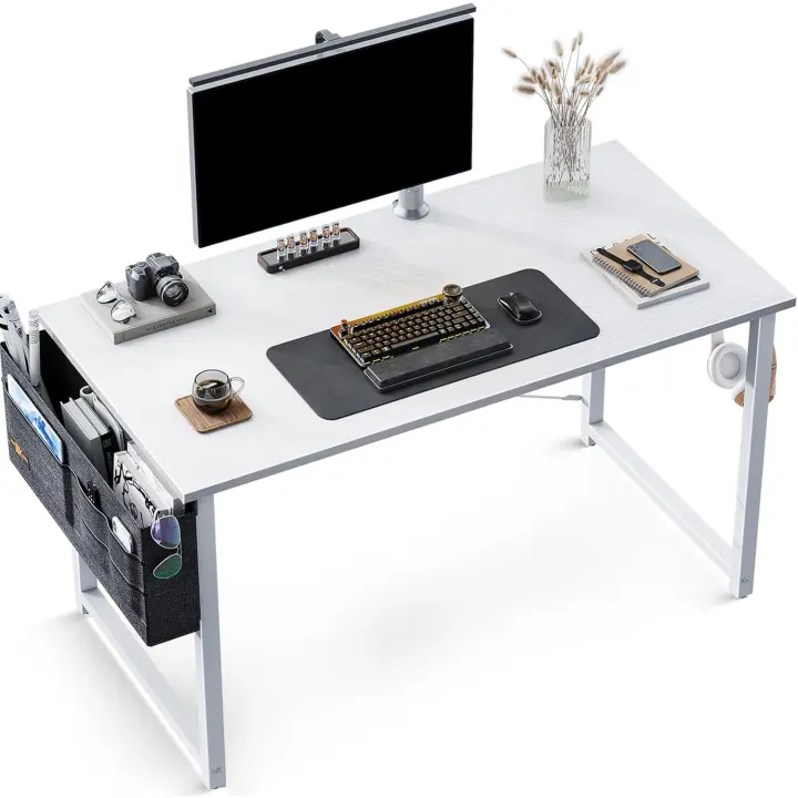 Escritorio de Ordenador, Mesa de Estudio de Ordenador con Bolsa de Almacenaje y Gancho para Auriculares Mesa de Escritura para Oficina, Dormitorio (100x48x74cm, Blanco) - 1