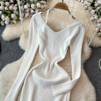 Vestido Largo De Mujer Con Cuello En V Y Manga Larga Blanco Elegante Con Cierre De Lazos Estilo Callejero Alta Moda Para Otoño Y Playa - details 3
