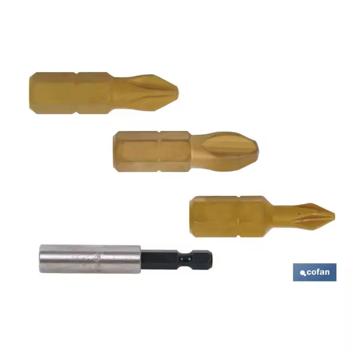 Cofan - Puntas de Titanio Phillips PH-1, PH-2 y PH-3 con Adaptador de Puntas para Taladro - 1