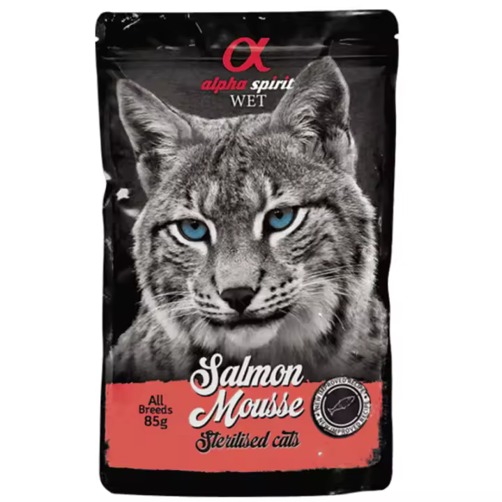 Alpha Spirit Pouch Mousse Gato Esterilizado Sabor Pollo y Salmón 24x85g – Alimento Húmedo Natural, Light y Sin Cereales - 1
