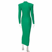Vestido Largo Bodycon Verde Elegante Para Mujer Con Hombros Acolchados Manga Larga Estilo Club Fiesta Primavera Otoño High Stretch - details 19