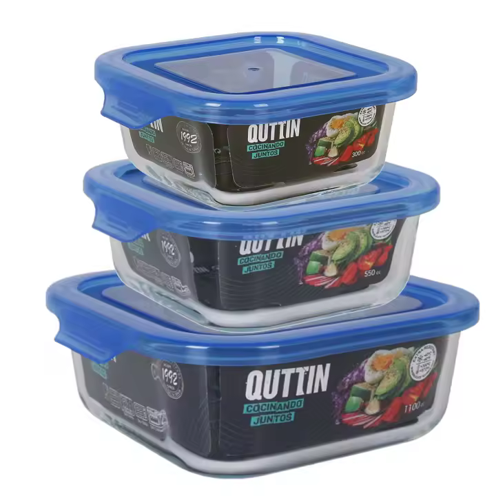 Set 3 Recipientes de Alimentos de Vidrio Borosilicato con Tapa Quttin – Set 3 Fiambreras - Juego de 3 Piezas (300cc, 550cc, 1100cc) – Aptos para Microondas, Horno, Lavavajillas y Congelador – Resistentes a Altas y Bajas Temperaturas - 1