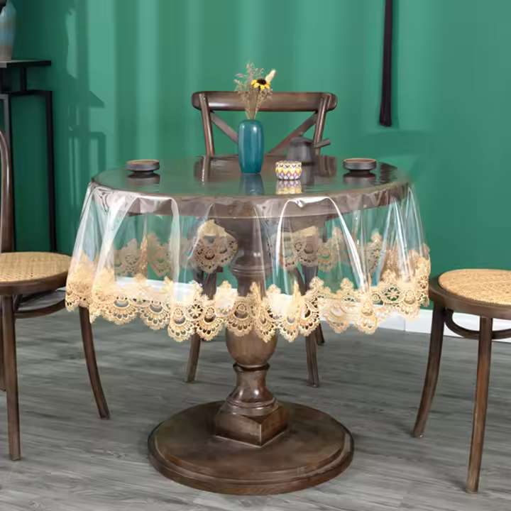 Mantel De Lámina Transparente De Encaje Bordado PVC Para Mesa Redonda Hogar Resistente Al Agua Y Aceite Estilo Europeo - 1