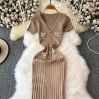 Vestido Largo Elegante Tejido Para Mujer Verano V Cuello Suelto Botones Bodycon Midi Fiestas Oficina Vestidos De Mujer - details 17