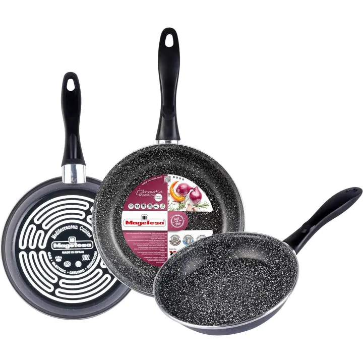 Magefesa K2 Gransasso set de 3 sartenes 18/20/24 cm. Exterior gris, antiadherente bicapa efecto piedra, aptas para todo tipo de cocinas, especial inducción. Hasta 50% de ahorro energético. - 1