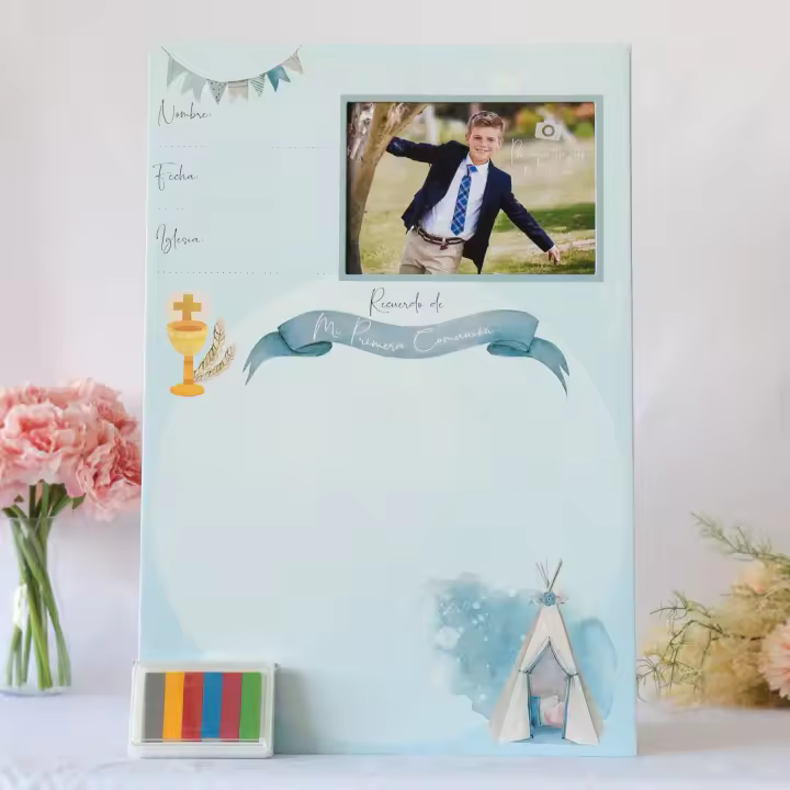 1 unidad de marco de comunión para niña y para niño, 2 modelos, azul y rosa, marco de huellas, portafotos comunión, Recuerdo de Primera Comunión, Detalles para invitados de comunión, Detalles invitados, Regalantes.com - 1