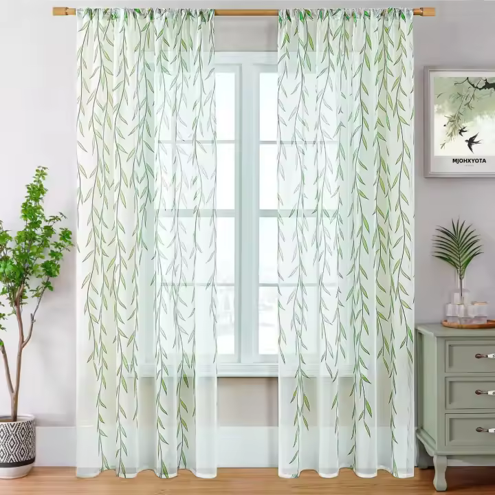 Conjunto De Cortinas De 2 Paneles Translúcidas Blancas Con Hojas Para Sala De Estar Y Dormitorio Material De Poliéster 100% - 1