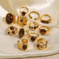 Encanto Anillos de piedra Natural ovalados de acero inoxidable con placa dorada, aro de dedo redondo geométrico para mujer, regalos de joyería Vintage simples y creativos - details 5