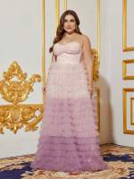 Vestido De Fiesta Tubo De Malla Con Encaje Y Ombre plus Size Para Mujer Sin Cintura Estilo Exquisito Para Eventos De Noche - details 4