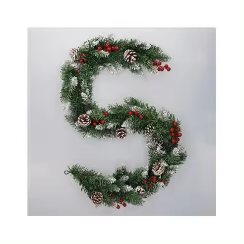 Guirnalda de Navidad "Dusia" efecto nieve con acebo y piñas 150cm color verde blanco marrón y rojo (no iluminada) - 1