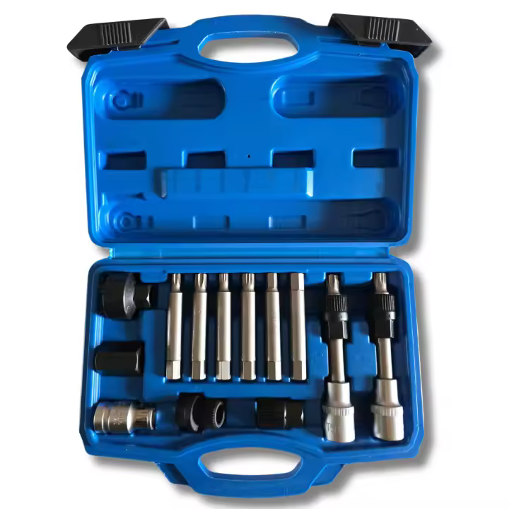 Llaves para montaje y desmontaje polea de alternador con embrague, puntas Torx XZN Allen, adaptadores hexagonales y redondos para mecánica automotriz. - 1