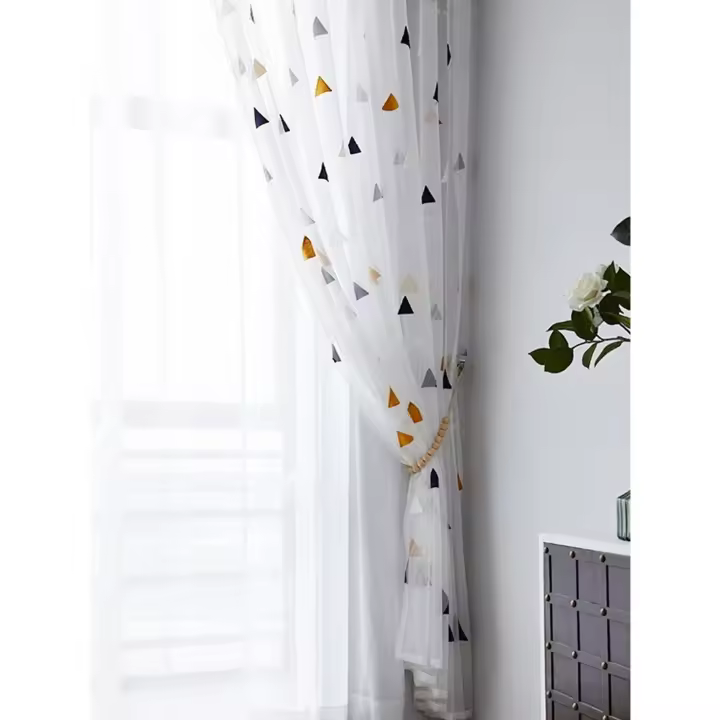 Cortina De Tela Gauze Bordada En Triángulo Translúcida Y Respirable Para Dormitorio Y Sala De Estar 1PC Antipolvo Moderna - 1