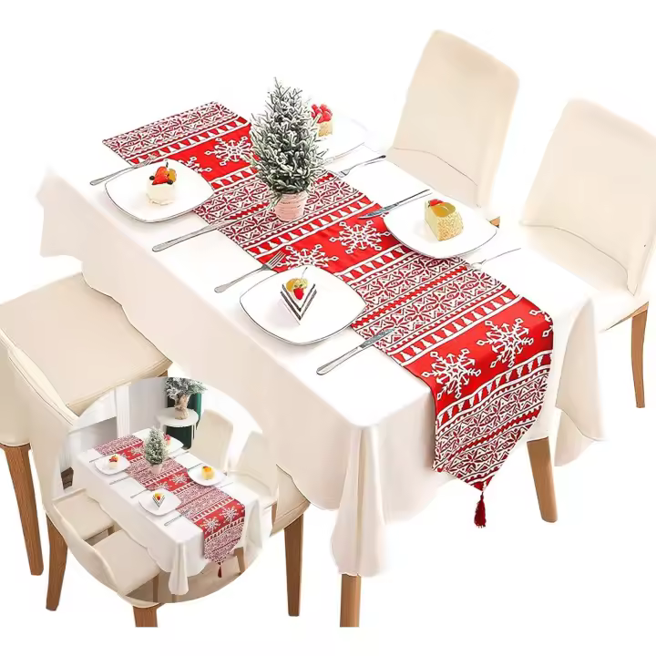 Camino de mesa de algodón rojo escocés navideño, mantel decorativo para el hogar, camino de mesa con borlas lavable - 1