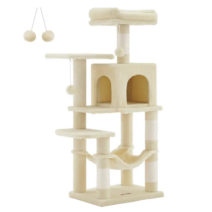 Feandrea Árbol para Gatos, Altura 112 cm/143cm, Torre de Gatos, con 4 Postes Rascadores, 2 Plataformas, 1 Cueva, 1 Hamaca, 2 Pompones, Tela de Felpa, Multinivel, Rosa Caramelo/Blanco Crema/Gris Claro/Gris Ahumado - 1