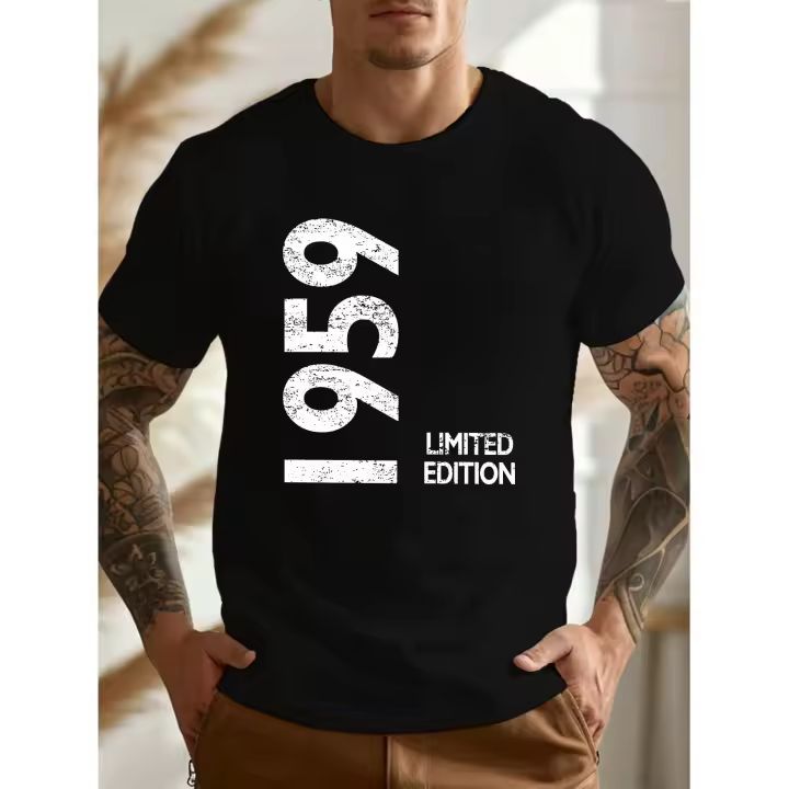 Men's 1959 Limited Edition Vintage Distressed Print T-Shirt - 100% Cotton Casual Short Sleeve Tee, 180gsm Breathable Fabric, Machine Washable, Black with White Retro Design, Everyday Tshirt | Classic Crew Neck | Breathable Cotton - 1