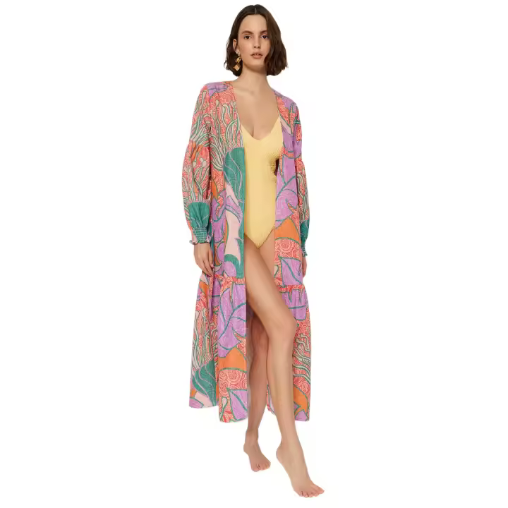 Trendyol Tropical Patterned Belted Maxi Woven Balloon Sleeve 100% Cotton Beach Kimono&Caftan Tbess23Km00103 - 1