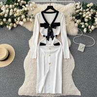 YuooMuoo Vestido Elegante Bodycon Para Mujer Con Cuello V Y Lazo Manga Larga Split Frontal Estilo Oficina Lady Chic Para Fiesta Y Trabajo - details 1
