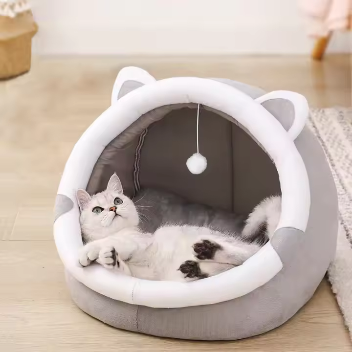 Camas para gatos de interior con juguete colgante, cama cueva para perros pequeños con diseño antideslizante, tienda de campaña para gatitos con almohada acolchada extraíble. - 1