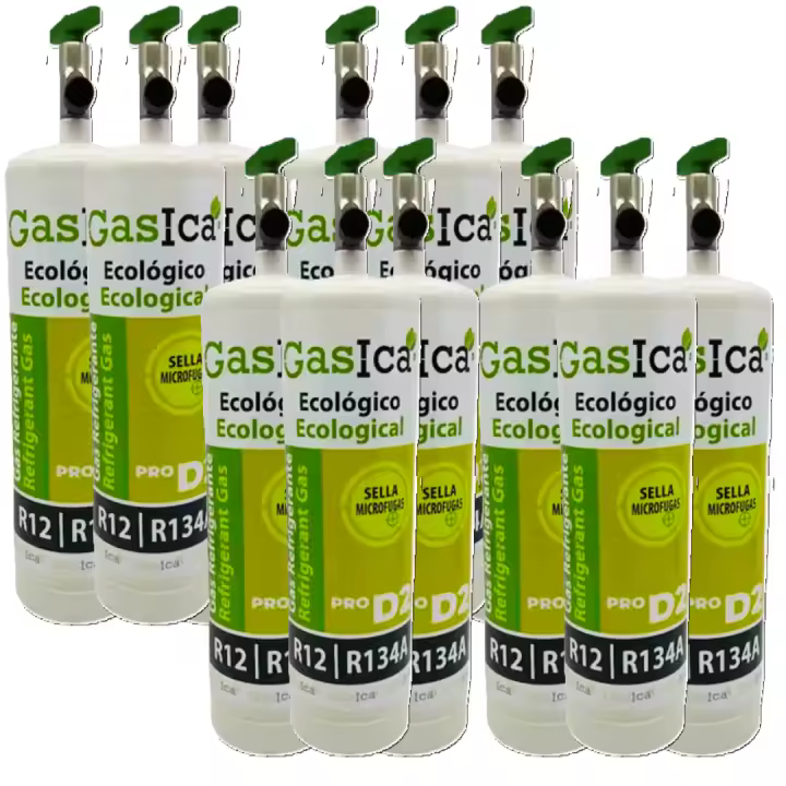 PACK MEGA AHORRO X12 botellas Refrigerante D2 PRO 400gr+ VÁLVULA - Sustituto R134A-R12 ecológico - Máximo rendimiento para aire acondicionado coche - 30% de ahorro - Marca confiable - 1