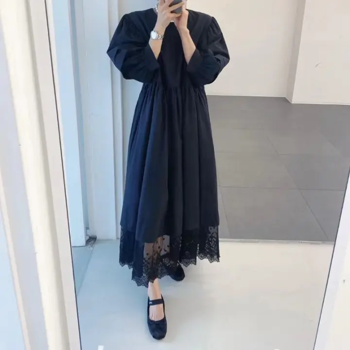 Vestido Largo Elegante De Encaje Patchwork Para Mujer REALEFT Otoño 2024 Cintura Alta Manga Larga Cuello Redondo Estilo Coreano Vestido Recto Para Mujer - 1