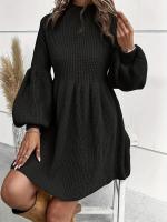 Vestido De Cuello Alto Casual Sin Cinturón De Suéter De Poliéster Para Mujer Estilo Casual Largo Hasta La Rodilla - details 2