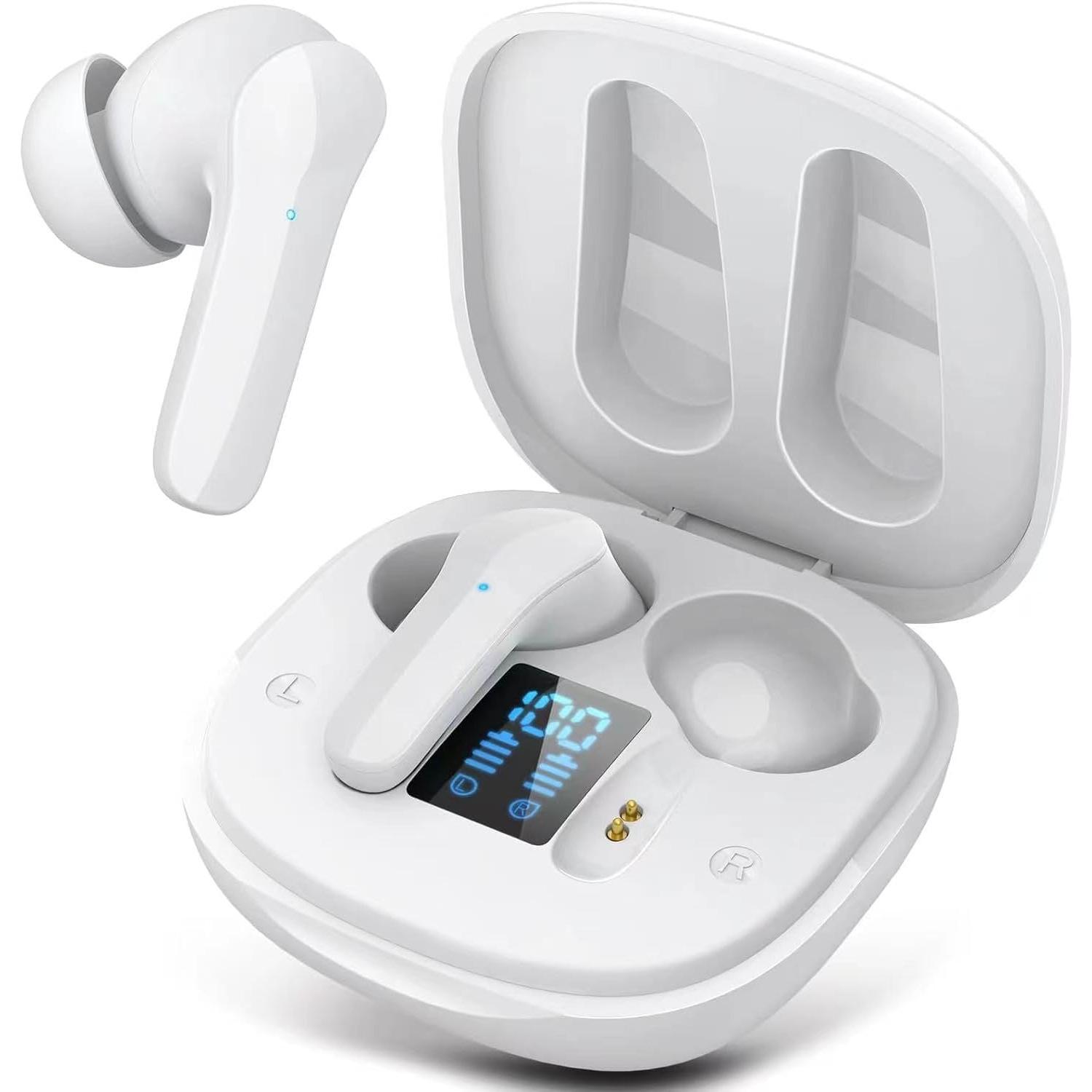 Auriculares Inalámbricos Deportivos,2025 Cascos Inalambricos 5.3 ENC Cancelacion Ruido, 75H Cascos Bluetooth HiFi Sonido, Auriculares Running, IP7 Impermeable para Android/ios, Pantalla LED, Oro Rosa