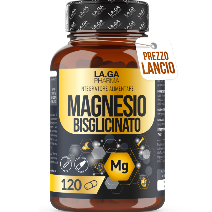 BISGLICINATO DE MAGNESIO (Suministro Hasta 4 Meses), Completo Magnesio 120 Cápsulas con Vitaminas B5, B6 y B1. Suplemento para el cansancio y el estrés. Sin gluten y sin lactosa, Hecho en Italia. FARMACÉUTICA LAGA