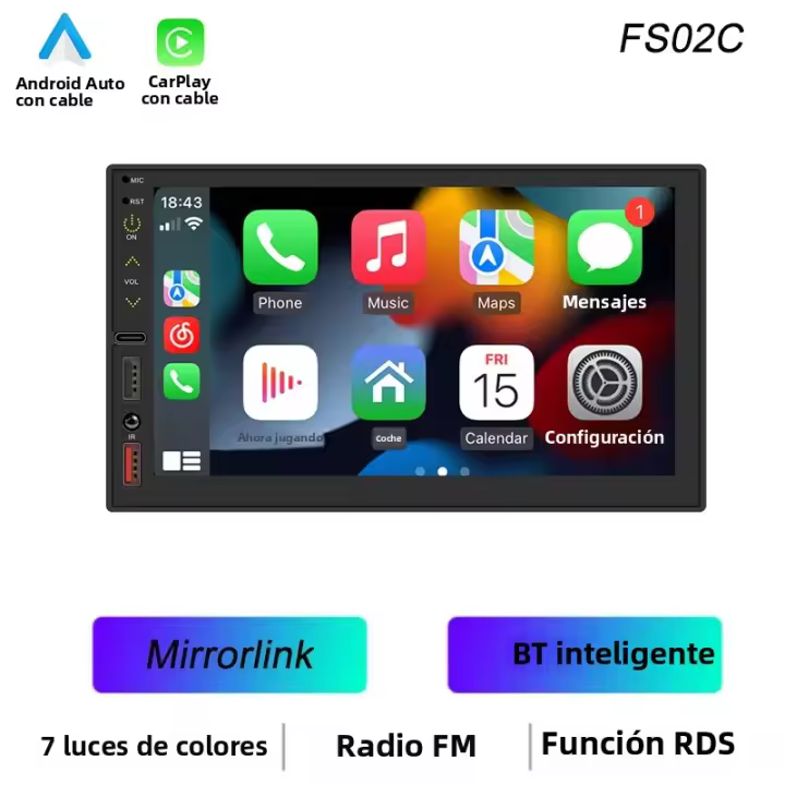 BQCC 7" 2Din Reproductor MP5 Para Coche Con Carga USB RDS Luz Colorida Android AUTO CarPlay BT Radio FM Mirrorlink FS02W - 1
