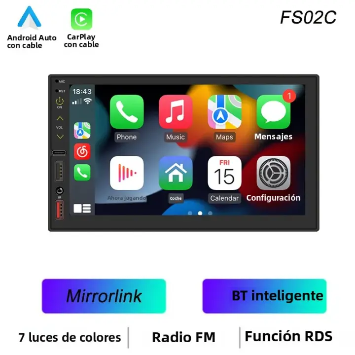 BQCC 7" 2Din Reproductor MP5 Para Coche Con Carga USB RDS Luz Colorida Android AUTO CarPlay BT Radio FM Mirrorlink FS02W - 1